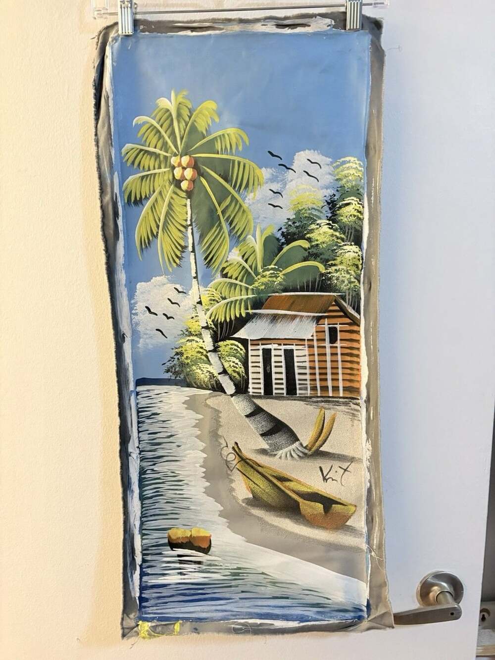 Signed Tropical Beach Print w/ Palm Trees, Boat & Cabin, Portrait w/ D.R. sand